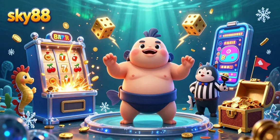Join the excitement at sky88 with vivid underwater casino elements and a jackpot explosion.