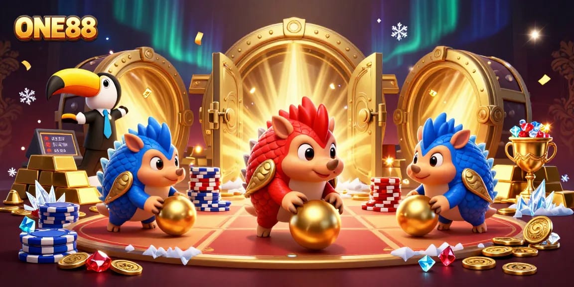 One88 offers thrilling online gambling with pangolins enjoying poker, showcasing vibrant casino excitement.