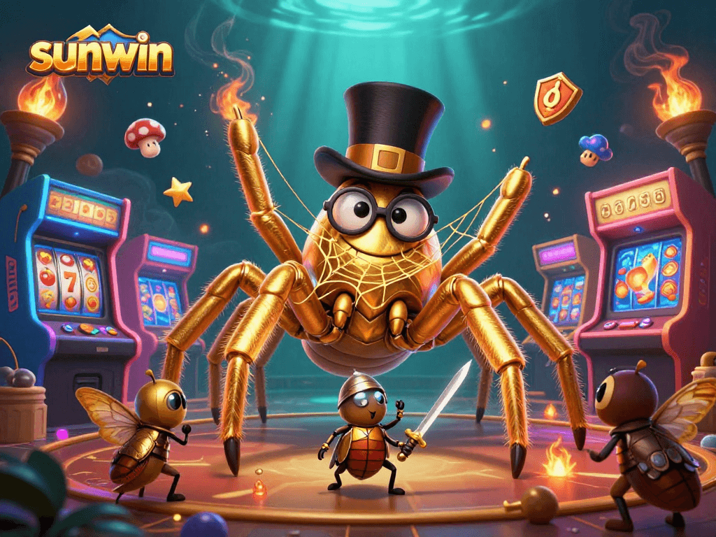 Experience thrilling wins at sunwin with a dynamic casino scene featuring a golden tarantula and vibrant gaming elements.