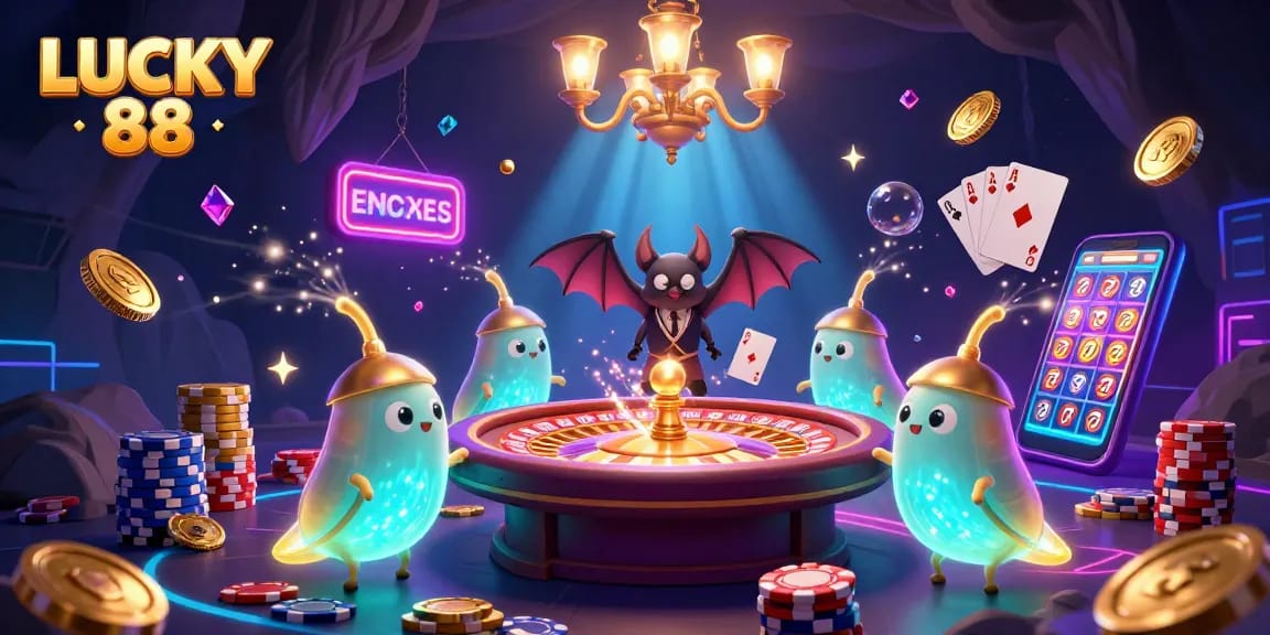 Join the LUCKY 88 adventure with vibrant glowworms illuminating the casino, showcasing dazzling games and rich play.