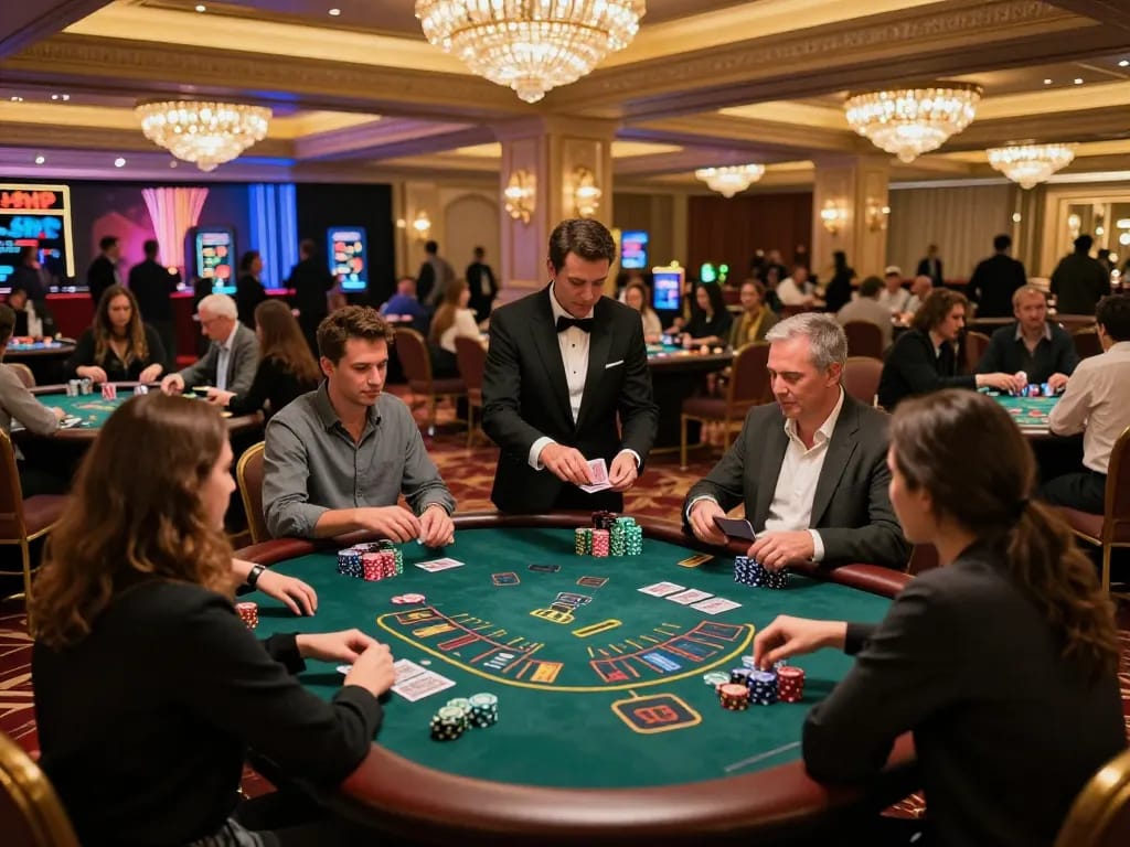 Engaged players placing bets at blackjack table on https://13win-asia.com/ in a vibrant casino atmosphere.