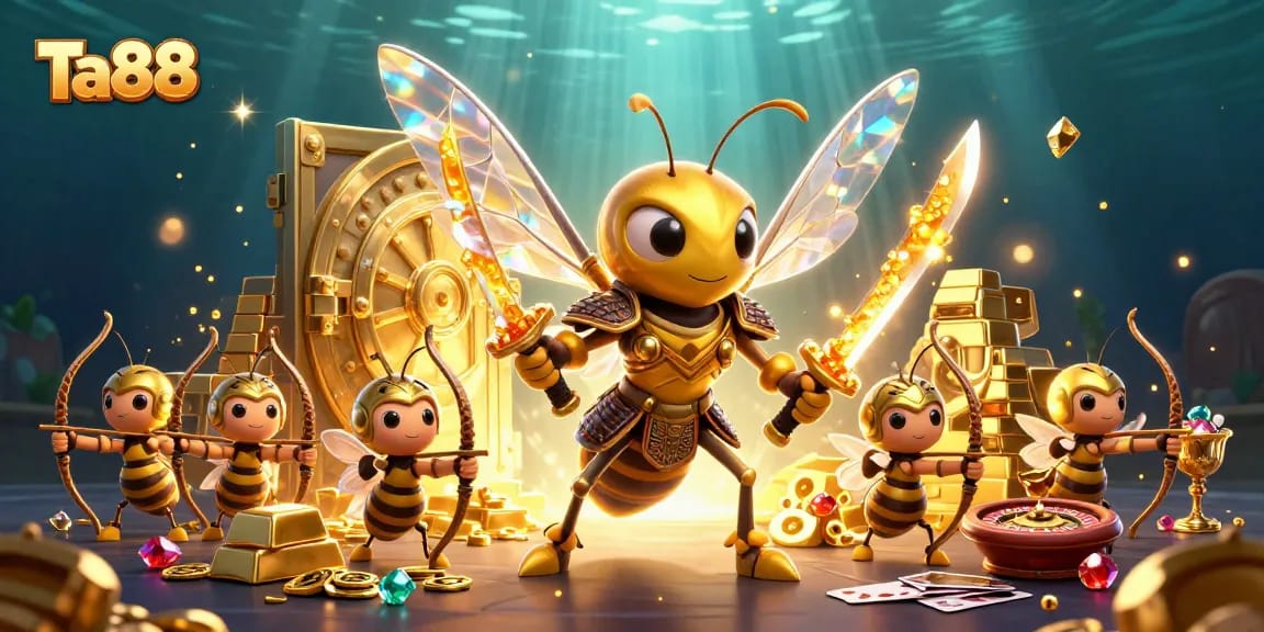 Engage in thrilling gambling experiences with Ta88's dynamic casino scene featuring gold treasures and vibrant characters.