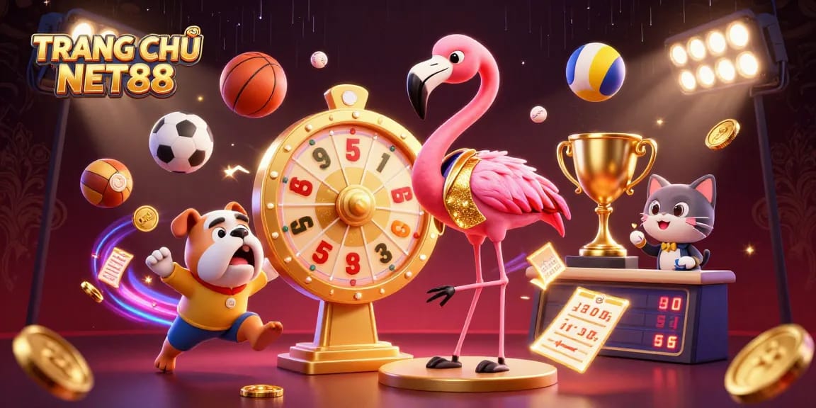 Spin to win with TRANG CHỦ NET88 as flamingo host and bulldog contestant celebrate dynamic gaming.