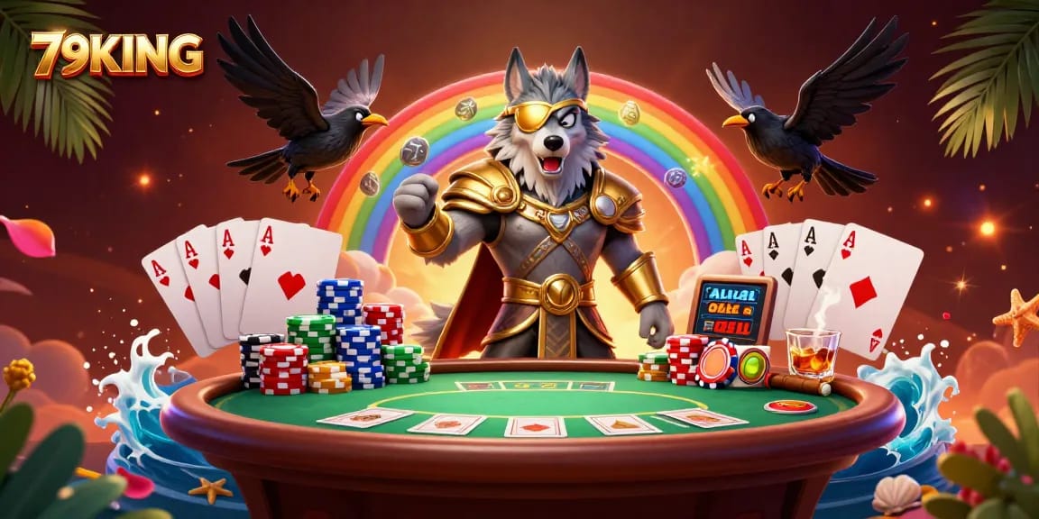 Engage in thrilling gaming action with 79KING as Odin and ravens traverse a vibrant casino scene.