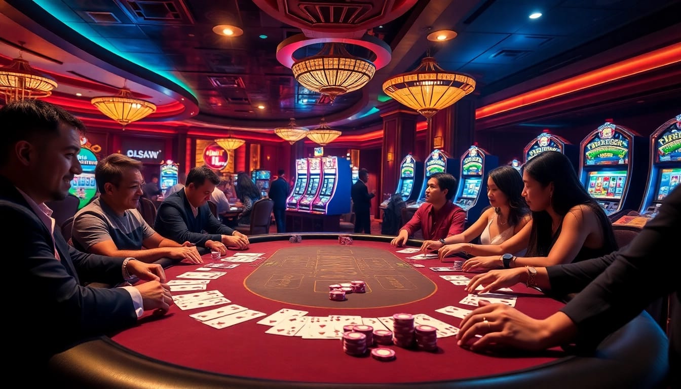 Players enjoying intense VB88 poker action at a luxurious casino table amidst vibrant chips.