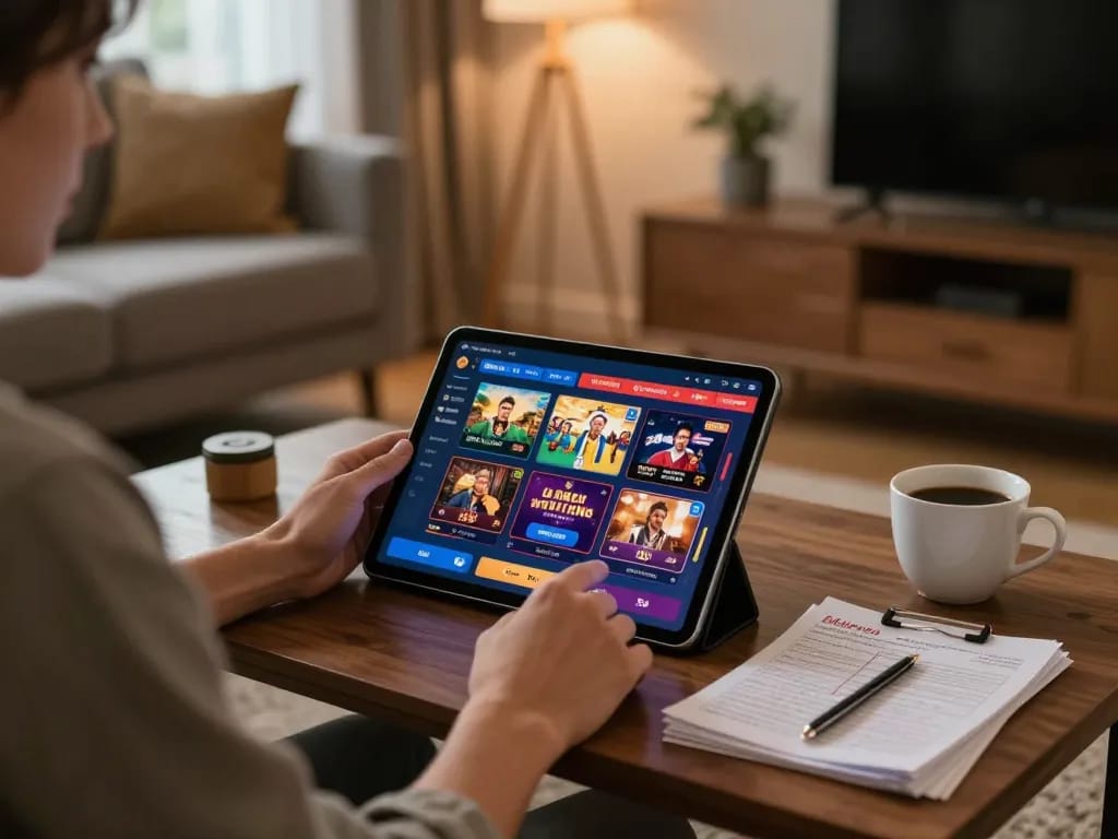 Player enjoying CM88 casino games on tablet in a cozy living room setting.