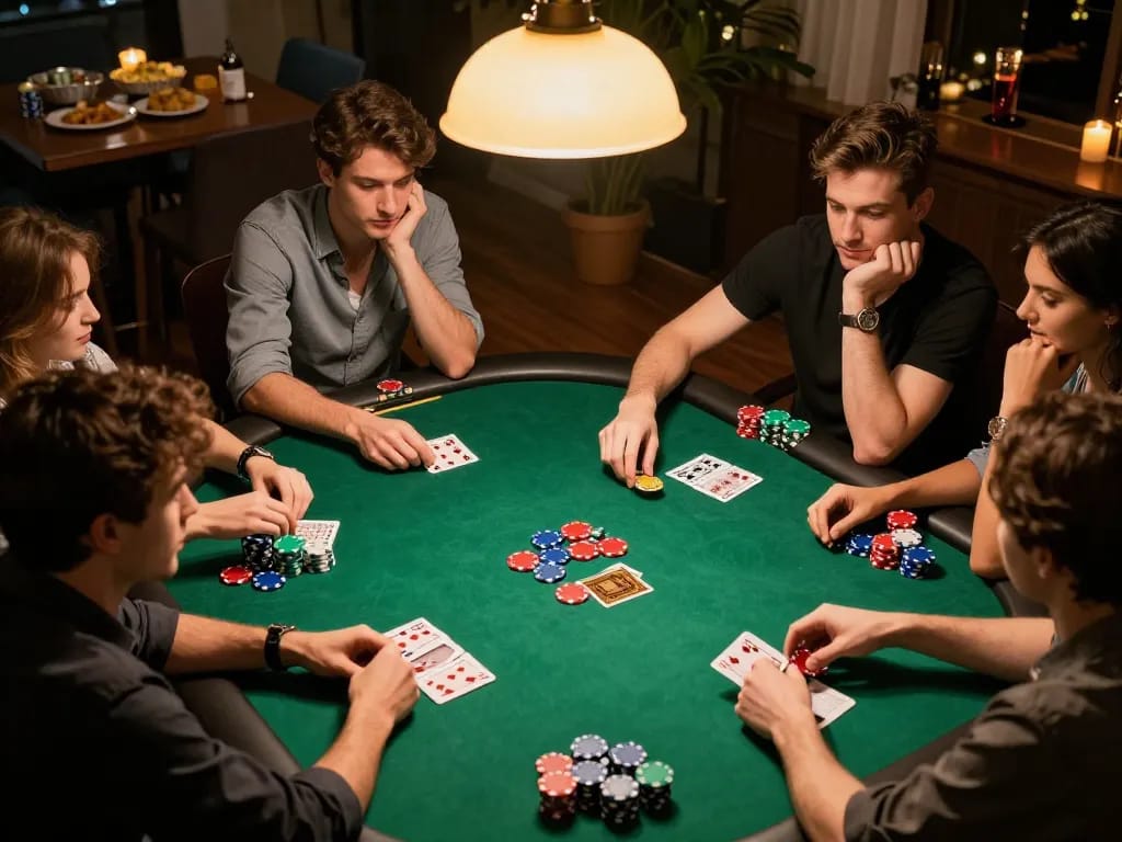 The dynamic home poker night scene at https://fabet.you/ with friends enjoying a game around a colorful felt table, showcasing strategy and social interaction.