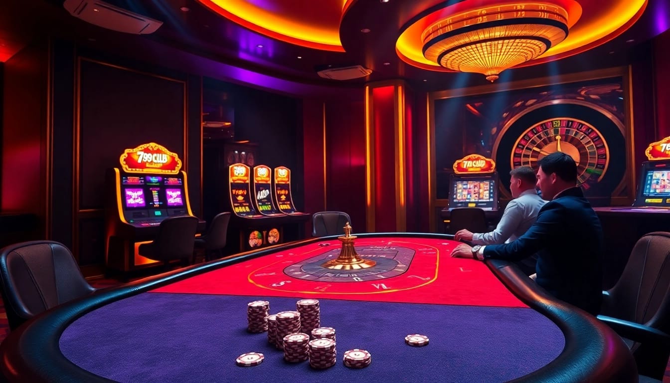 Players enjoying poker at 789club, surrounded by vibrant slot machines and a roulette wheel.