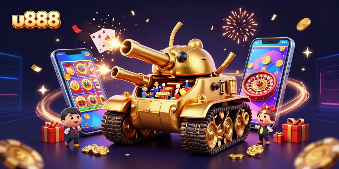 Experience the excitement of u888 with a 3D casino tank featuring slot games and confetti eruptions.