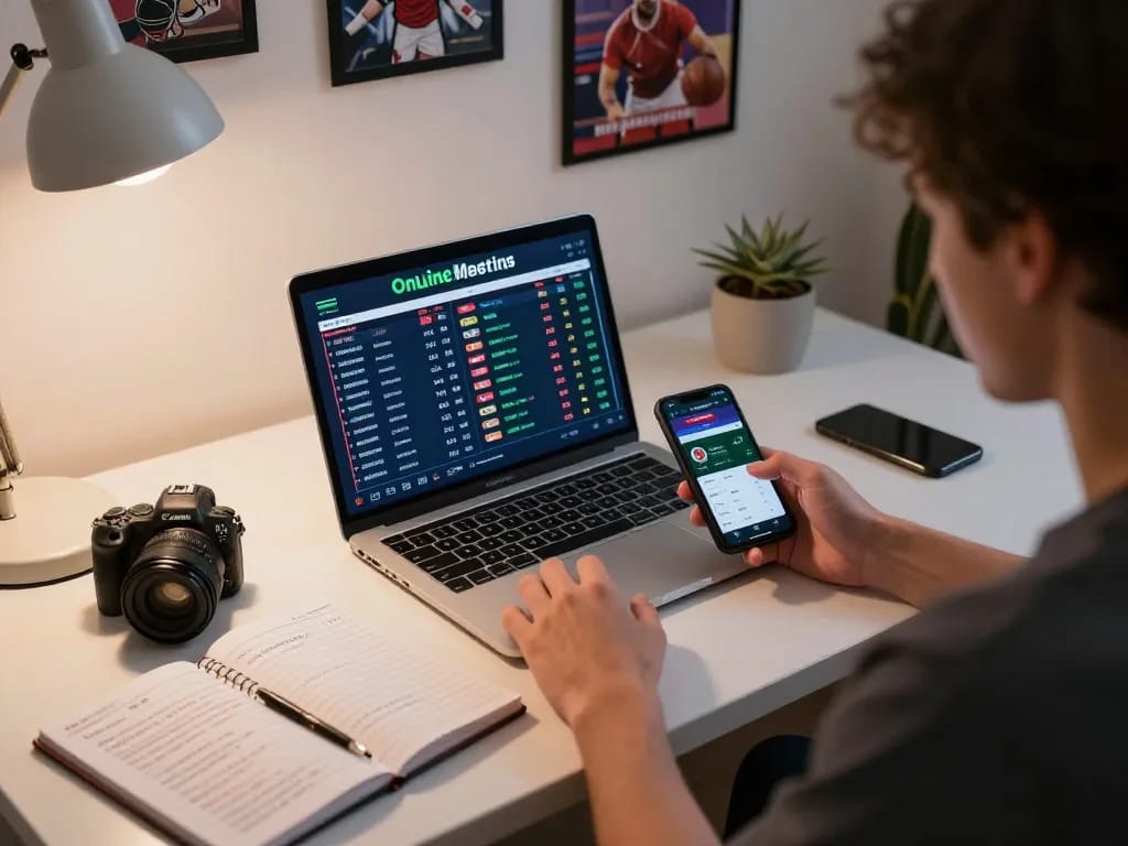Bet on sports with 9bet, showcasing a home office betting setup with live odds and strategies.