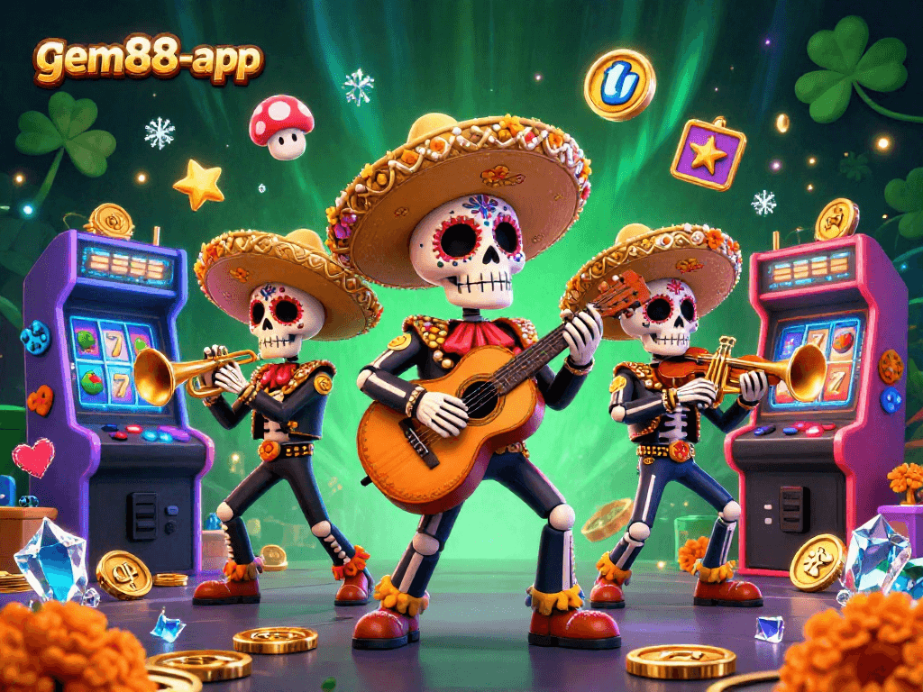 Join the fun at gem88-app with a vibrant casino scene featuring lively mariachi skeletons.