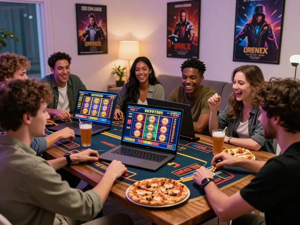 Friends enjoying online casino gaming at OPEN88 in a cozy atmosphere