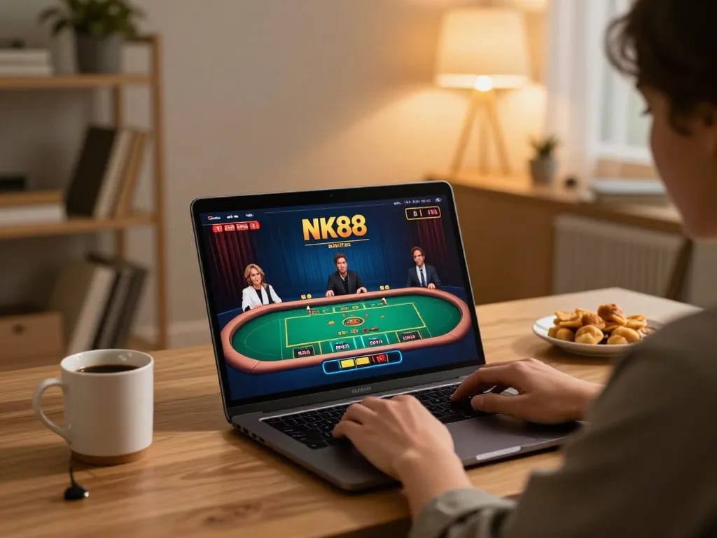 Player engaging in NK88 online gaming from a stylish home office setup