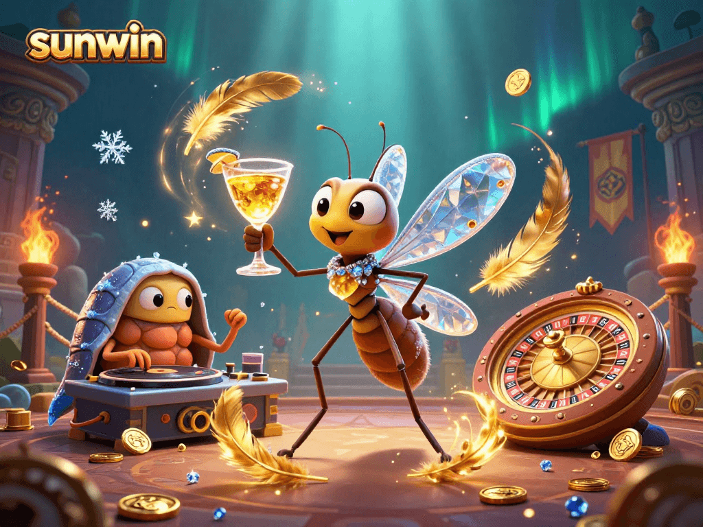 Join the sunwin mascot in a vibrant casino scene filled with golden roulette and betting tokens.