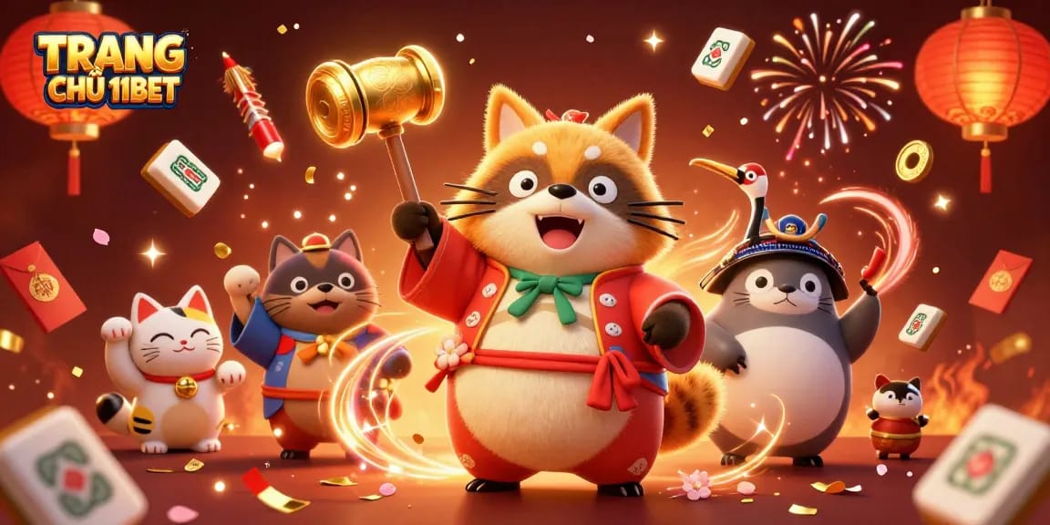 Engage in exciting games at TRANG CHỦ 11BET with festive characters and vibrant casino elements.
