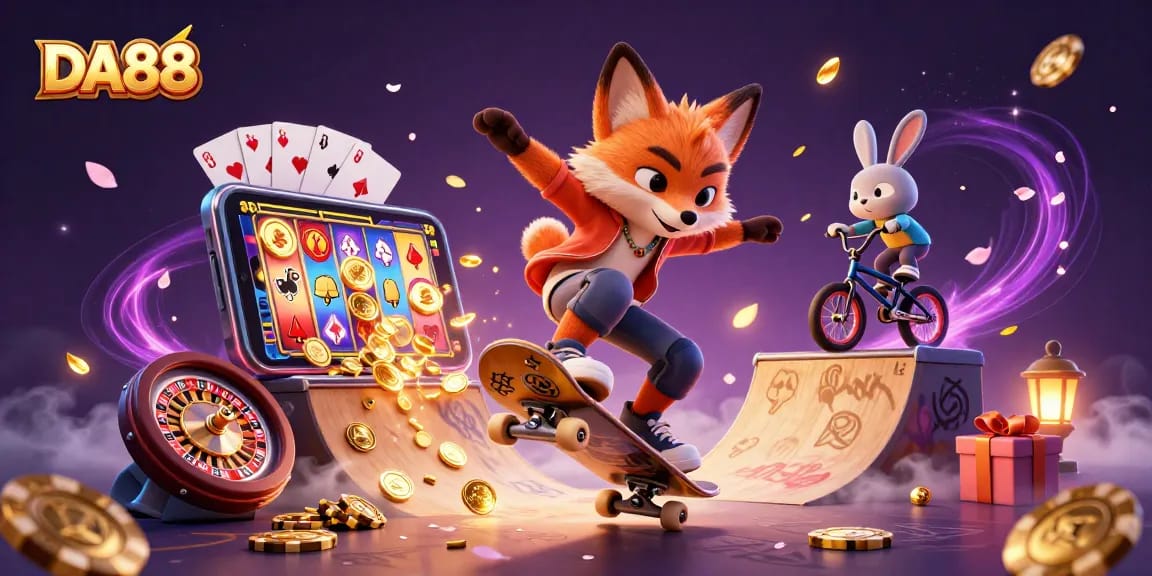 Engage with the vibrant DA88 casino scene featuring a skateboarder fox and BMX rabbit enjoying the gaming atmosphere.