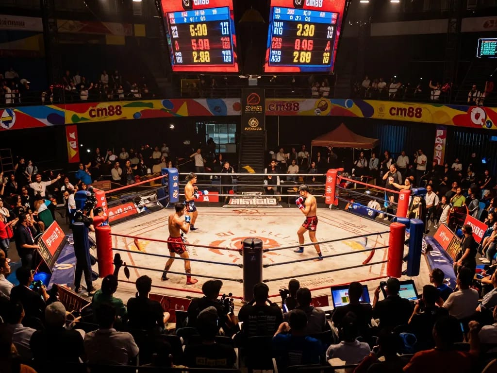 Watch the intense đá gà cm88 match live, featuring spectators and fighters in a vibrant arena.