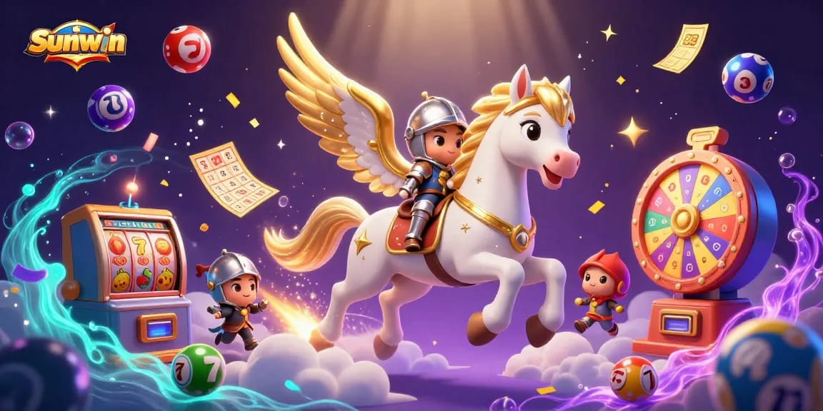 Sunwin offers exciting gaming adventures with a dynamic scene featuring lottery elements and a charming knight.