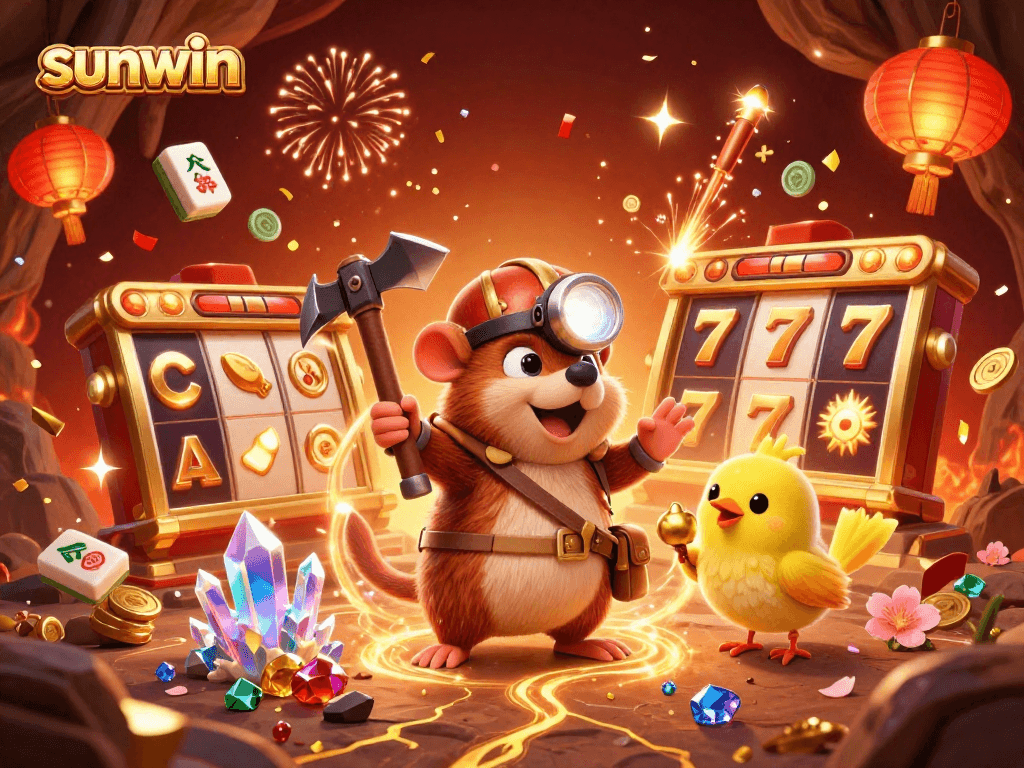 Engage with sunwin's vibrant casino adventures featuring a treasure hunter mole in a rich, gem-filled cave.