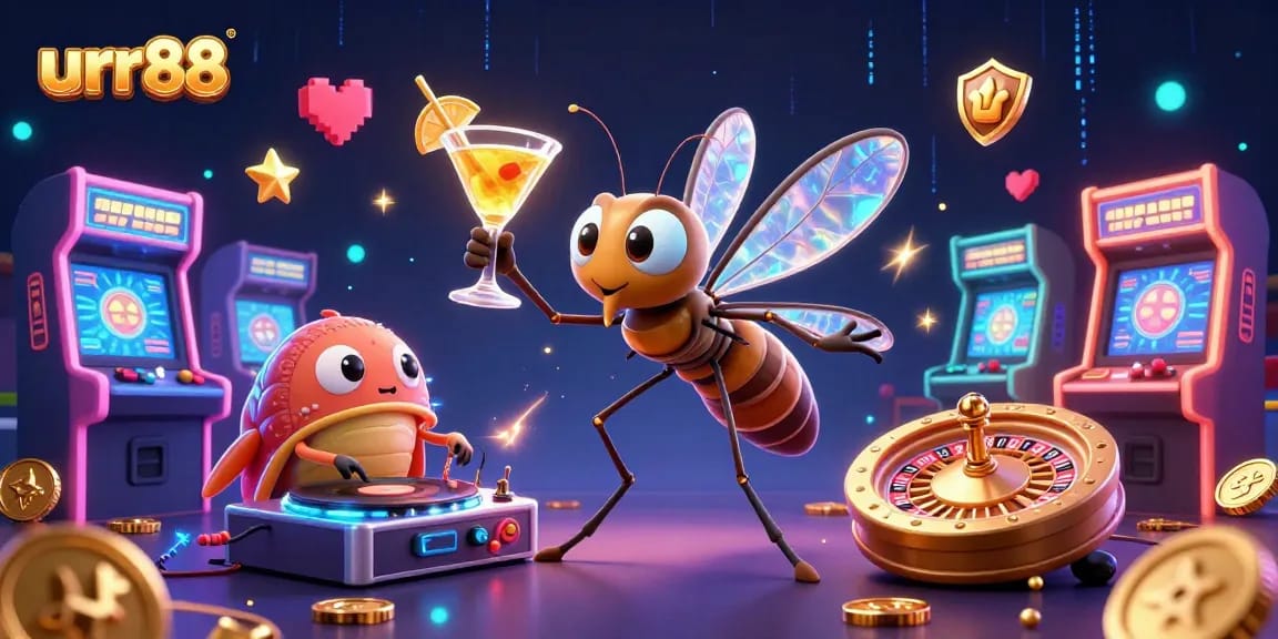 Experience thrilling gaming at urr88 with a vibrant 3D casino scene featuring unique characters and energetic designs.