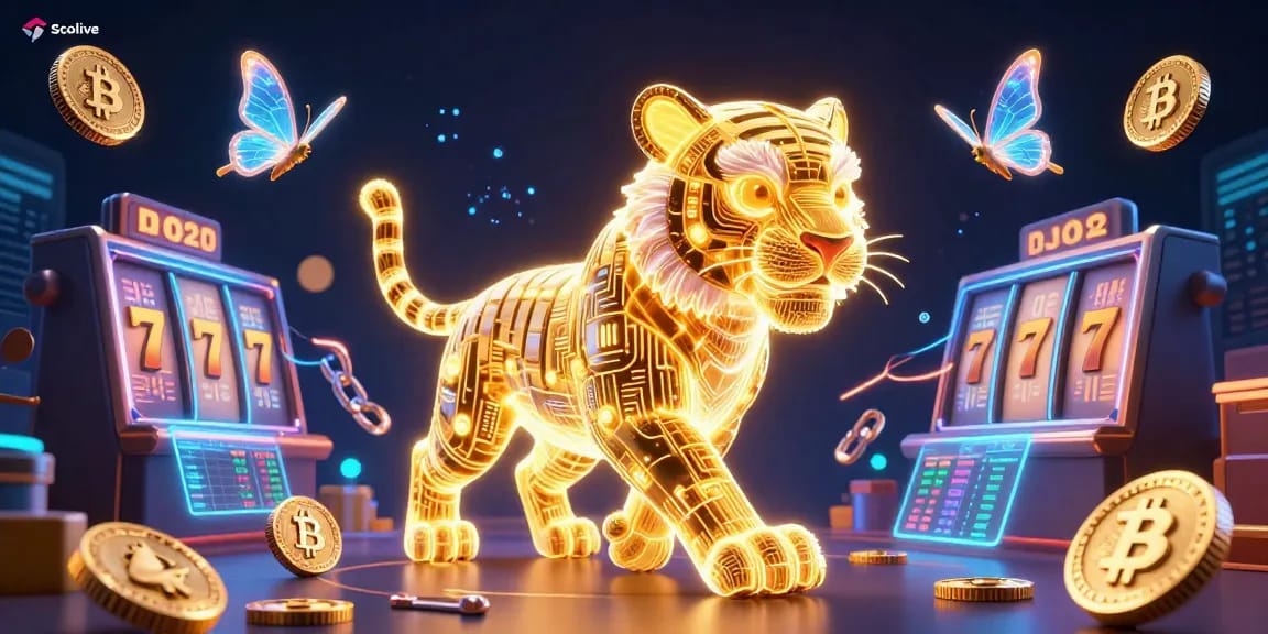 Socolive showcases vibrant slot-themed excitement with a neon tiger and crypto elements.