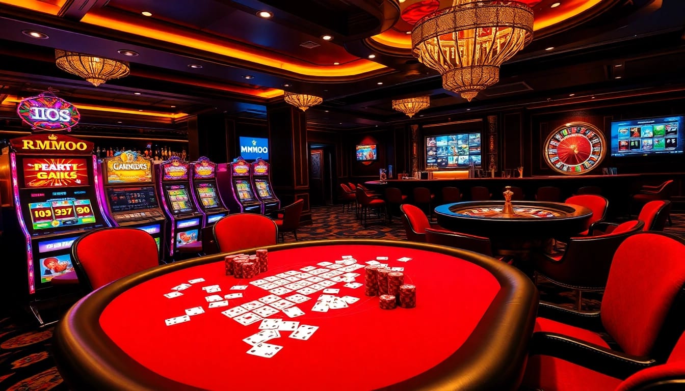 Experience MMOO excitement at an elegantly designed poker table with vibrant chips and colorful slot machines.