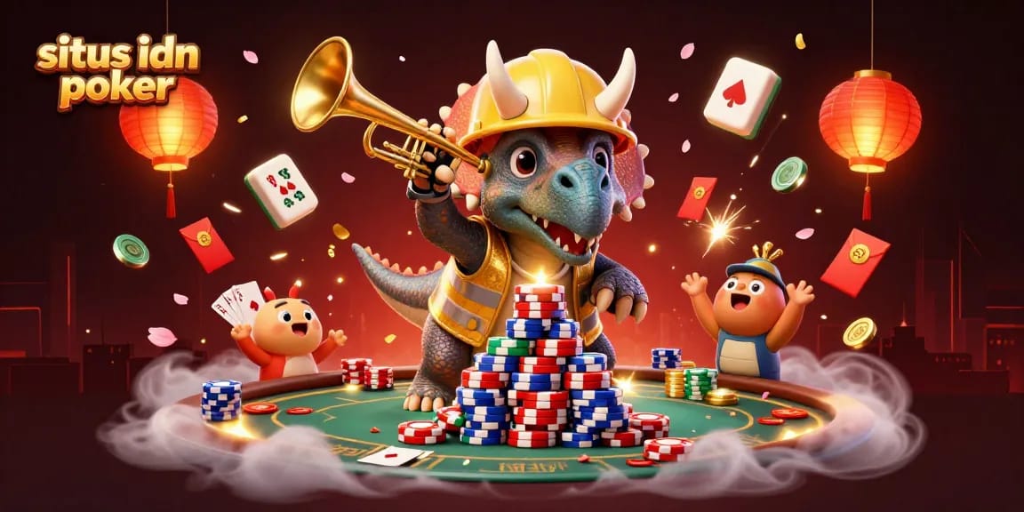 Permainan situs idn poker dengan tumpukan chip poker yang mengesankan dan karakter dinamis merayakan keberuntungan.