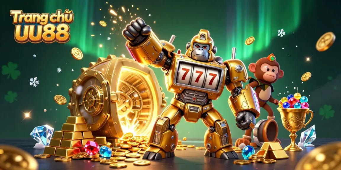 Engage in thrilling action at Trang chủ uu88 with a captivating casino-themed 3D illustration of a golden gorilla mech and treasure.
