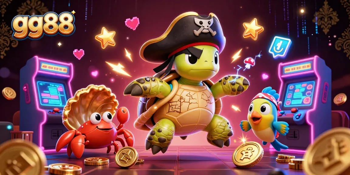 Experience exciting gaming at gg88 with a 3D pirate turtle and treasure above colorful slot machines.