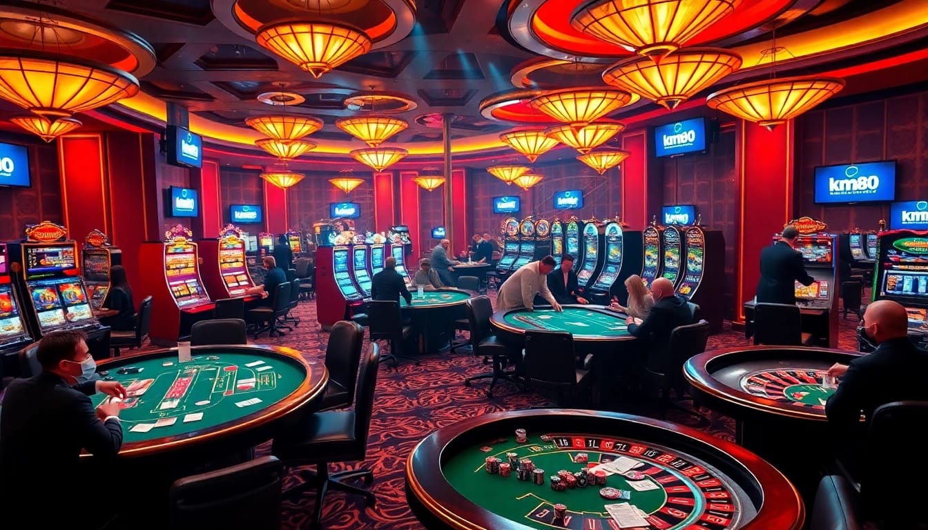Players enjoying high-stakes games at km88 casino, featuring poker tables and slot machines.