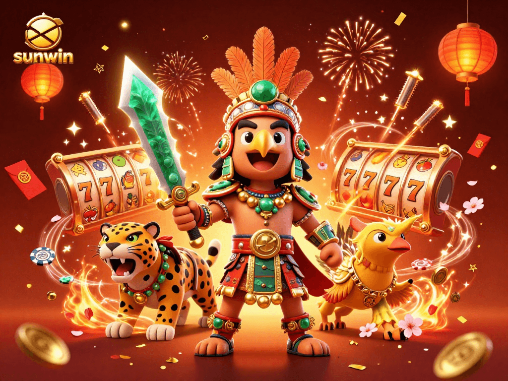 Experience high-energy gaming with sunwin, featuring warriors and vibrant casino elements.