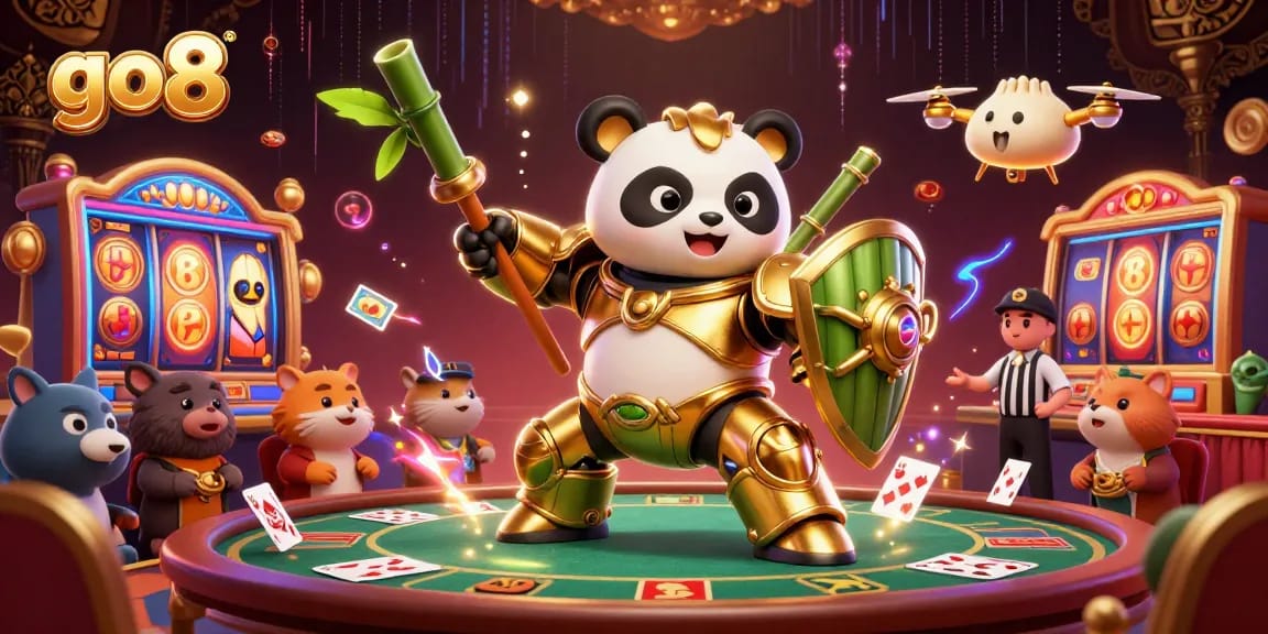 Experience high-stakes gaming at go8 with a vibrant casino-themed battle scene featuring a golden panda and lively game elements.