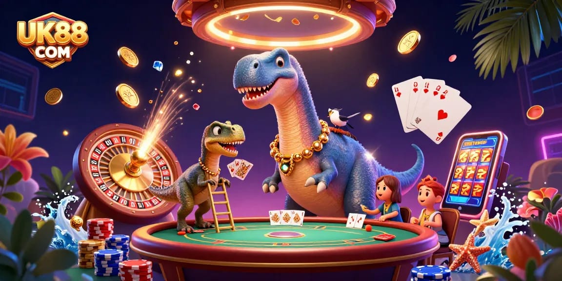 Experience thrilling gameplay with UK88 COM in a vibrant casino scene featuring a brontosaurus and clever raptor.