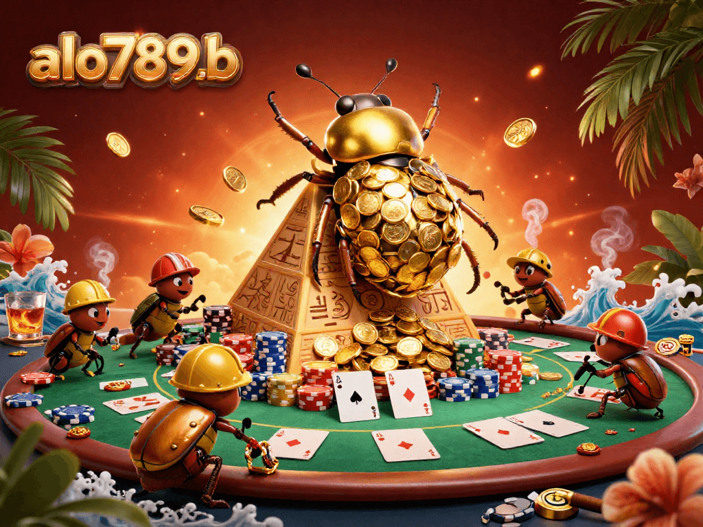 Experience thrilling gameplay at alo789b with a dynamic casino scene filled with vibrant poker elements and golden treasures.