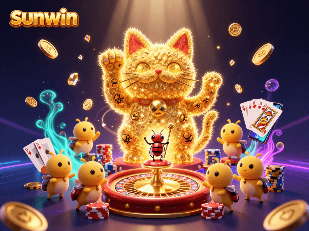 Exciting gameplay scene with sunwin lucky cat surrounded by casino symbols and dynamic gaming elements.