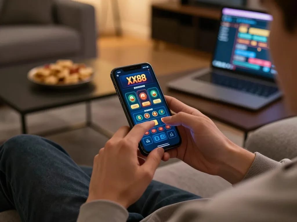 Engaging with the XX88 app for online betting, placing bets in a cozy setting