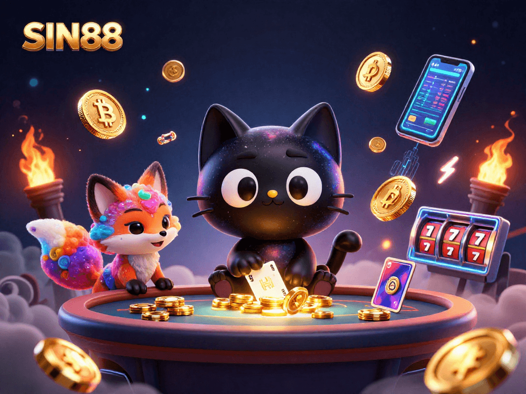 SIN88 showcases a magical 3D illustration of a cosmic casino with a black hole cat and fox amidst vibrant crypto elements.