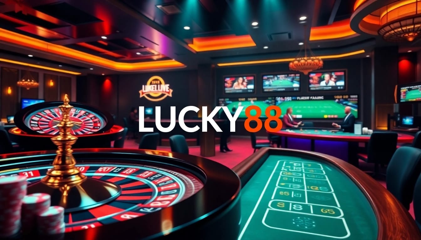 Exciting casino scene showcasing LUCKY88 logo with vibrant tables, chips, and betting screens.