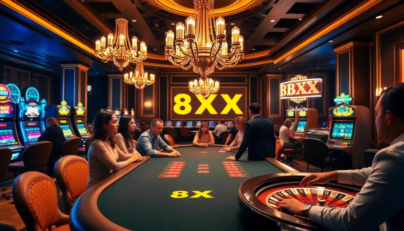 A professional poker game at a luxurious casino featuring players engaged around the table, representing 8XX thrilling gambling experience.