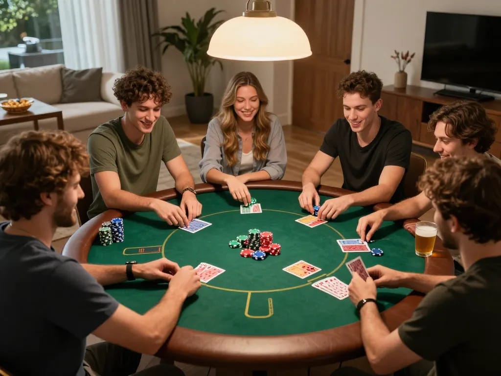 Engaged friends in a home poker game using https://hd88.london/ for online strategies and betting insights.