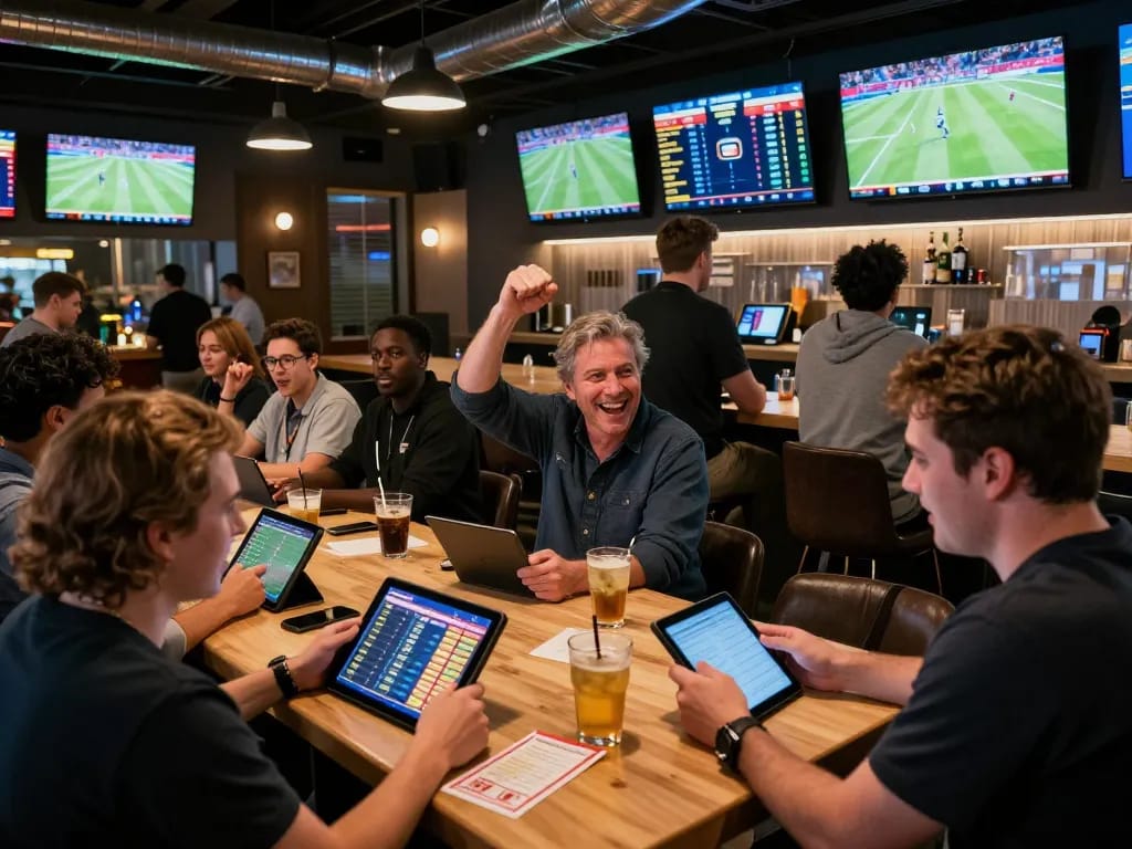tr88 sports betting scene with excited bettors analyzing live match odds and cheering together