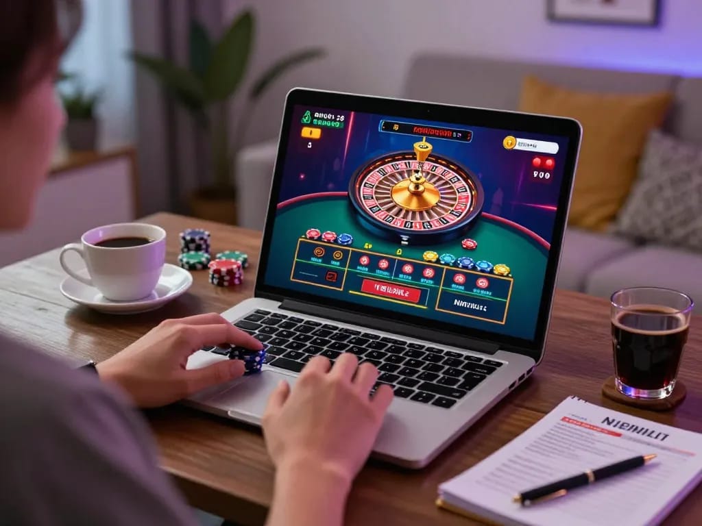 Experience live roulette gaming at https://vu88.lol/ with a person engaged in online betting.