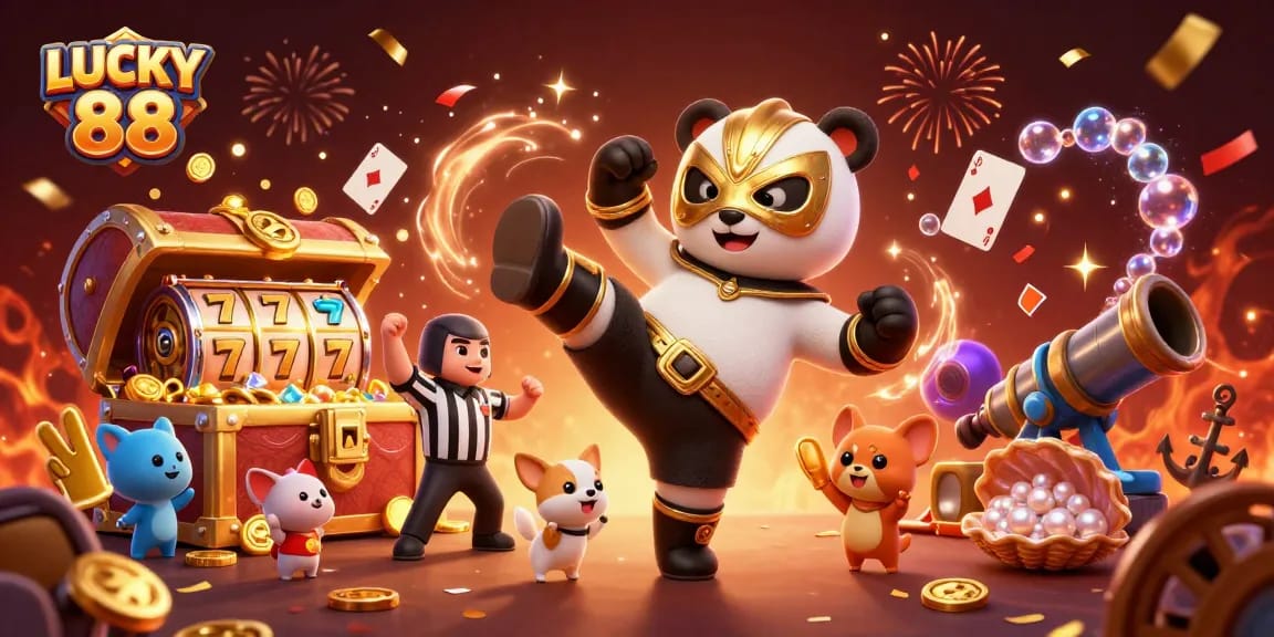 Engage with LUCKY 88 slot adventures featuring a wrestling panda in a colorful casino scene.