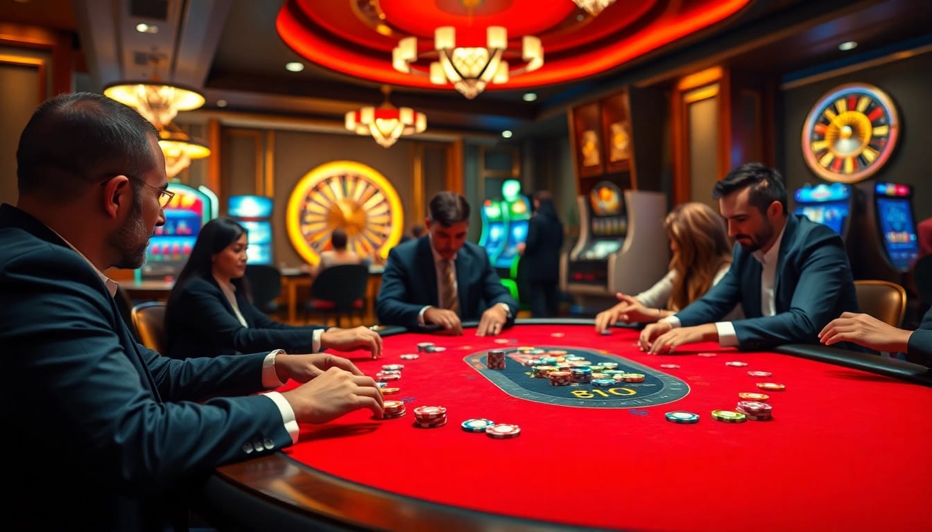 Exciting casino scene showcasing vin88 apk with poker players at a stylish table amid vibrant gaming elements.