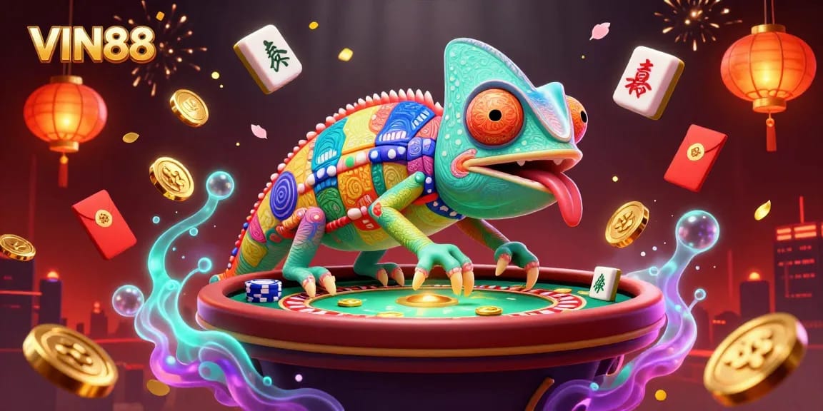 Engage with VIN88's vibrant casino atmosphere, featuring a playful chameleon and colorful gaming elements.