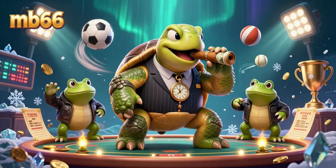 Engage in the thrilling atmosphere of mb66 with a cartoon turtle mobster amidst sports betting excitement.