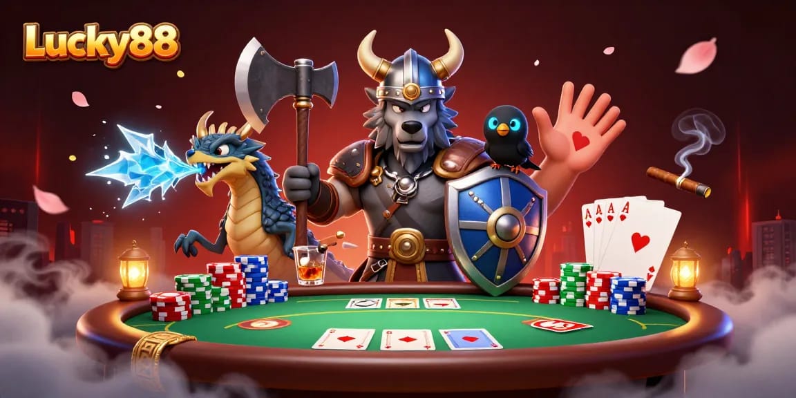 Engage with Lucky88's thrilling poker gameplay featuring a Viking wolf warrior, dragon, and vibrant chips.