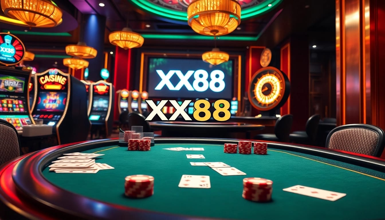 Experience the excitement of gambling at XX88 with poker chips and vibrant slot machines.