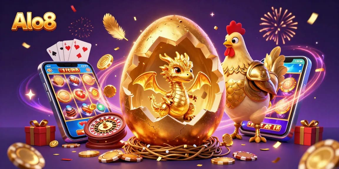 Alo8 players win big with colorful slots and a golden dragon champion in a vibrant casino scene.