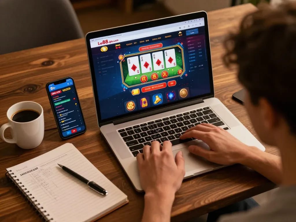 Engaged gamer using lu88.jpn.com for online casino gaming, featuring vibrant game graphics and strategy notes.